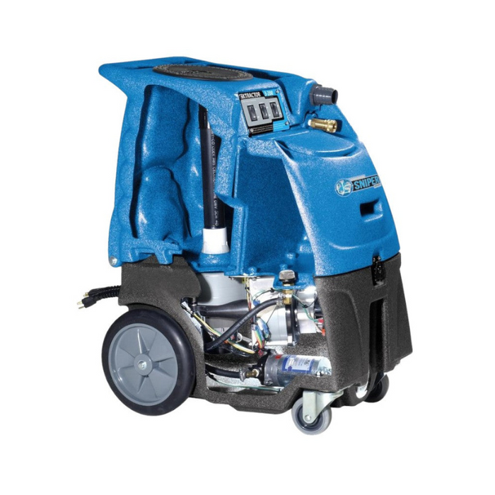 Sandia Sniper 6 Gallon Dual 3 Stage Carpet Extractor 100 PSI Pump with Optional Heat diagram view with text labels explaining extractor features.