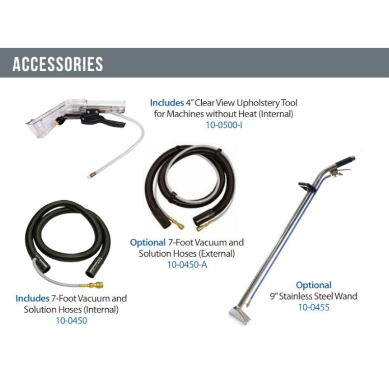 Sandia Spot Extractor 2 Gallon Kit accessory kit with hoses clear upholstery tool and stainless steel wand.