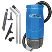 Sandia Whisper Raven 10 Quart Backpack Vacuum vacuum and tool kit angled view.