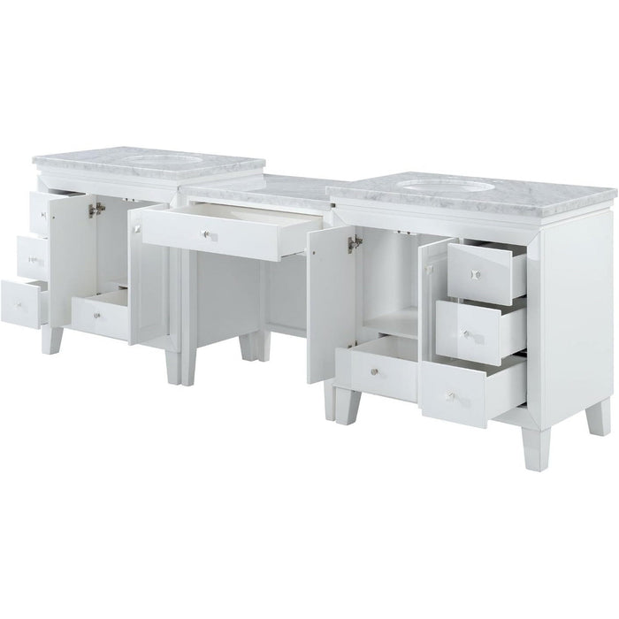White bathroom vanity with marble top, multiple drawers open to show interior storage space, clean modern design with tapered legs.