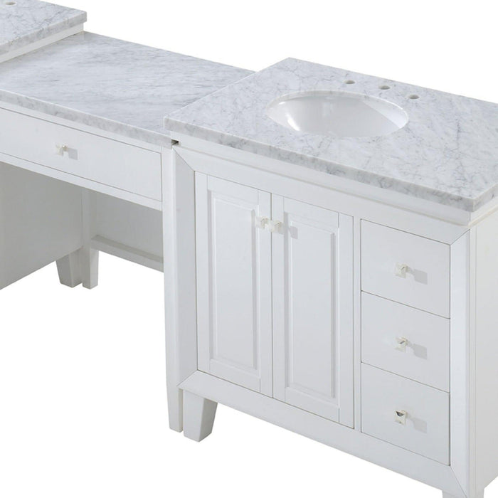 White bathroom vanity with marble countertop, inset sink, center cabinets, and side drawers with chrome hardware