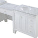White bathroom vanity with marble countertop, inset sink, center cabinets, and side drawers with chrome hardware