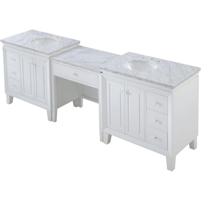White bathroom vanity set with marble countertops, featuring two cabinets and a center desk area with drawers and integrated sinks.