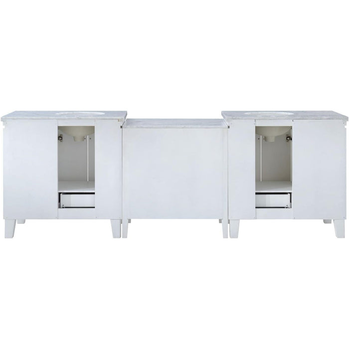 White three-section cabinet with marble top, two side compartments open, center section closed, with short legs and pull-out drawer.
