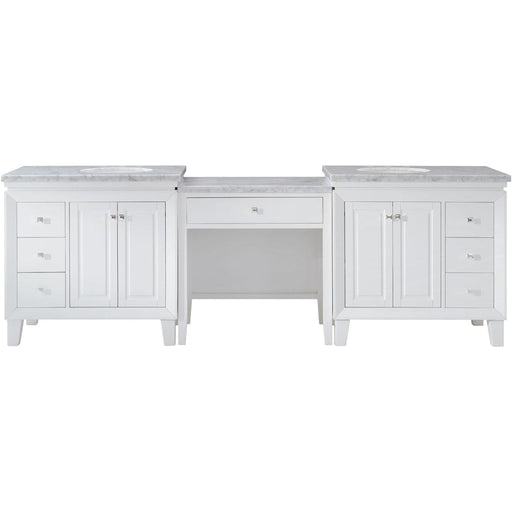 White double vanity with marble top, center desk area, six drawers, and two cabinet sections with oval sinks.