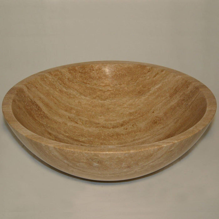 Smooth stone bowl with swirling beige and tan marble-like patterns, round and curved with polished interior and exterior surfaces.