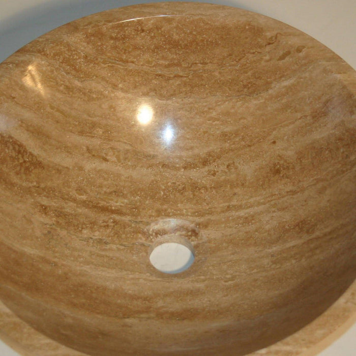 Polished stone vessel sink in warm beige with natural marble-like swirls and central drain hole