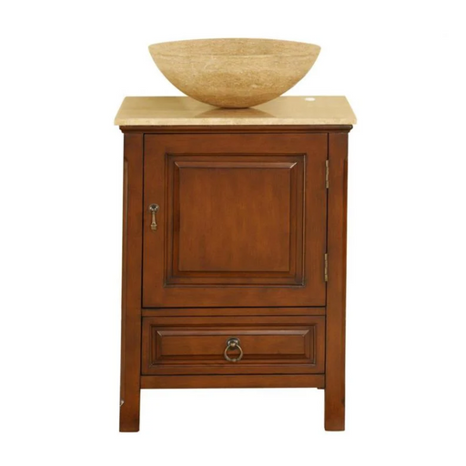 Wooden nightstand with brown finish, one drawer, cabinet door, and beige stone bowl on top against white background.