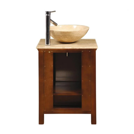 Wooden bathroom vanity with stone vessel sink and tall chrome faucet, brown cabinet with open shelving
