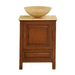 Wooden bathroom vanity with stone bowl sink, brown cabinet with door and drawer, antique ring pulls