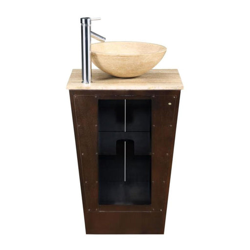 Modern bathroom vanity with stone vessel sink, wood top, and dark brown cabinet with open shelving and chrome faucet.