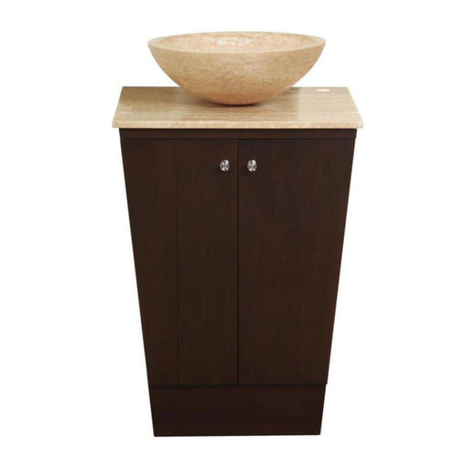 Bathroom vanity with dark brown cabinet, light stone countertop, and round stone vessel sink on top