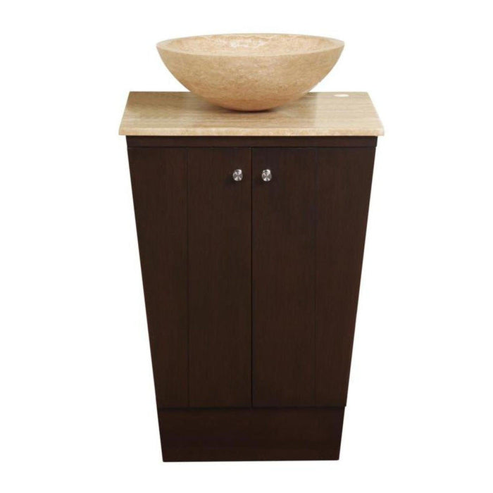 Bathroom vanity with dark brown cabinet, light stone countertop, and round stone vessel sink on top