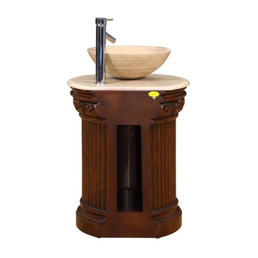 Antique-style wooden vanity with column design, travertine bowl sink, and chrome faucet on cream marble top.