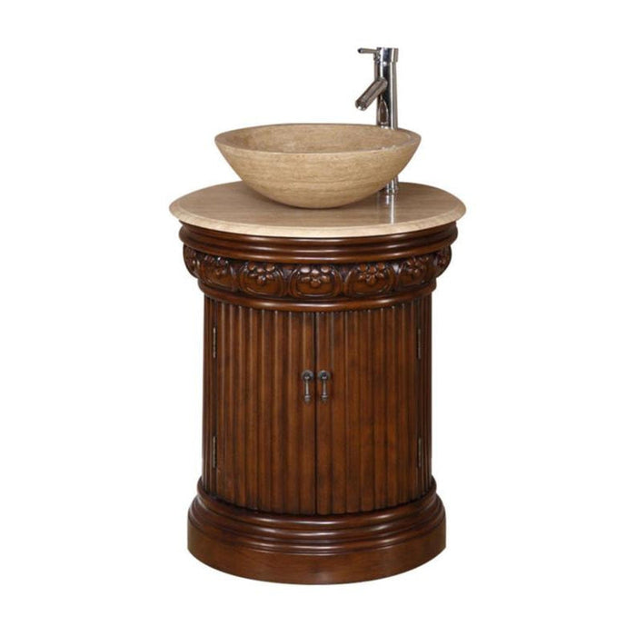 Ornate wooden vanity with round stone vessel sink and sleek chrome faucet, traditional column design with carved details.