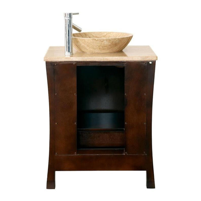 Dark wood bathroom vanity with stone vessel sink and modern chrome faucet, featuring open storage shelves.