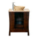 Dark wood bathroom vanity with stone vessel sink and modern chrome faucet, featuring open storage shelves.