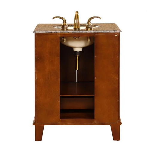 Wooden bathroom vanity with marble top, golden faucet, and open cabinet storage, elegant traditional design.