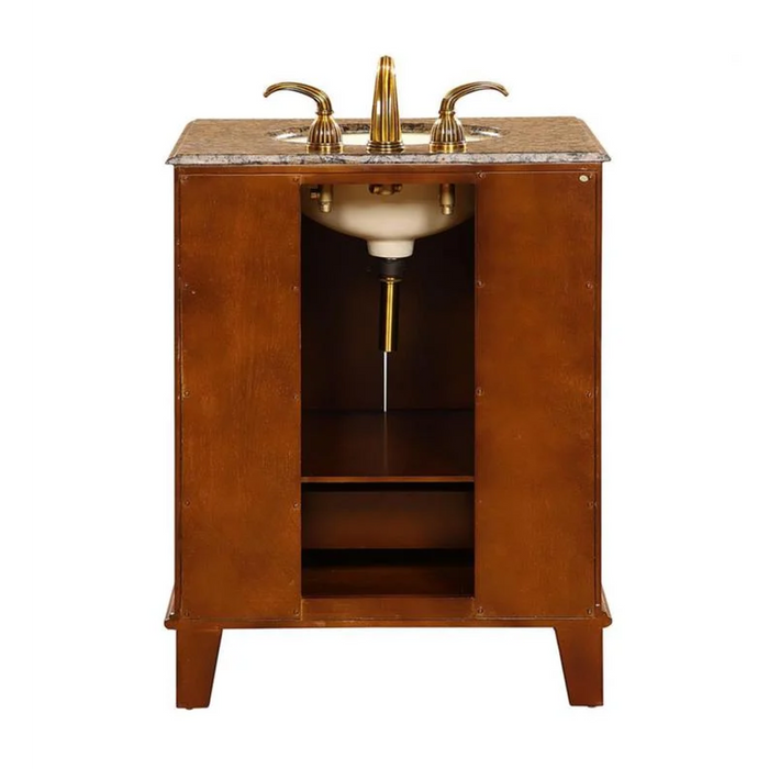 Wooden bathroom vanity with marble top, golden faucet, and open cabinet storage, elegant traditional design.
