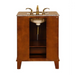 Wooden bathroom vanity with marble top, golden faucet, and open cabinet storage, elegant traditional design.