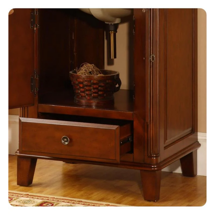 Dark wood cabinet with open shelf, woven basket, and partially pulled-out bottom drawer on ornate rug