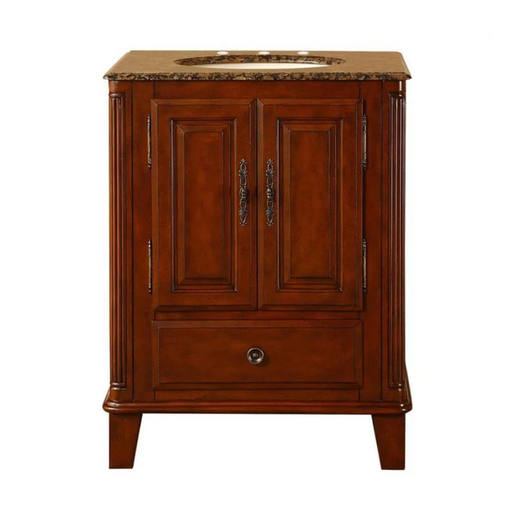 Cherry wood bathroom vanity with marble top, decorative side columns, and ornate cabinet hardware.
