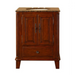 Cherry wood bathroom vanity with marble top, decorative side columns, and ornate cabinet hardware.
