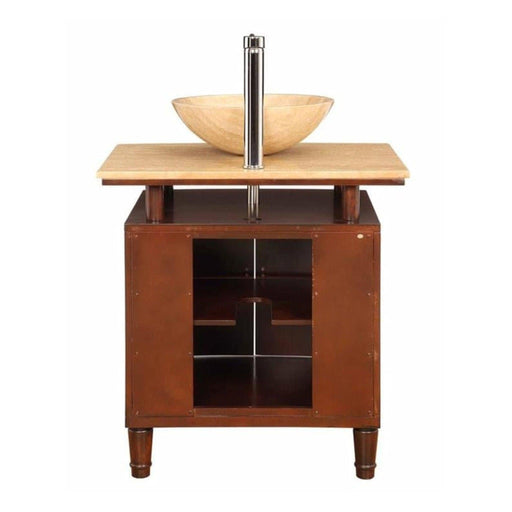 Wooden bathroom vanity with stone vessel sink, chrome faucet, and dark brown storage cabinet with open shelving.