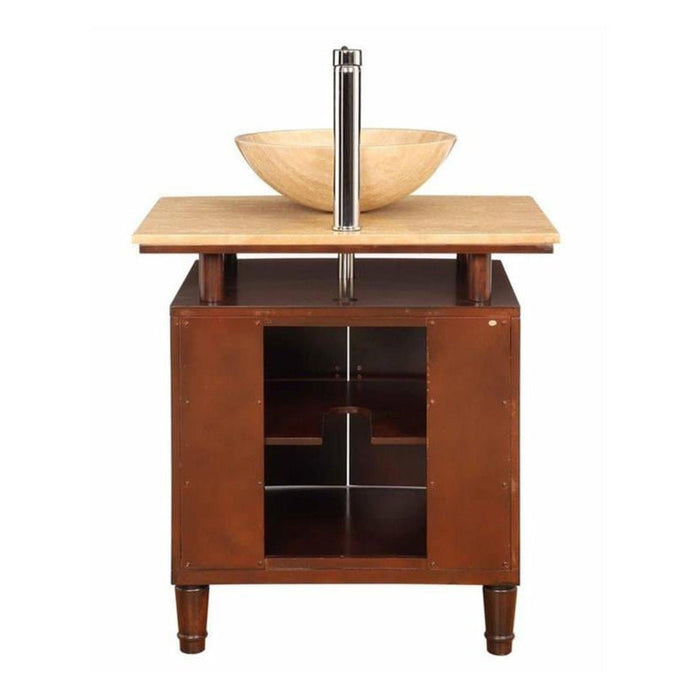 Wooden bathroom vanity with stone vessel sink, chrome faucet, and dark brown storage cabinet with open shelving.