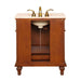 Elegant wooden bathroom vanity with marble top, brass faucet, and ornate carved legs, featuring an open storage compartment.