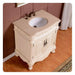 Antique white bathroom vanity with ornate carved details, curved legs, and oval white sink with bronze faucet handles.