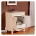 Antique white bathroom vanity with ornate carved details, curved legs, open cabinet doors revealing towel storage and built-in drawer.