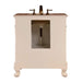 Vintage-style cream bathroom vanity with bronze faucet, curved cabriole legs, and open storage compartment.