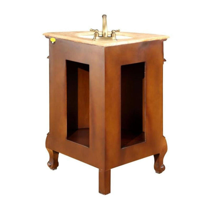 Wooden bathroom vanity with bronze-toned sink, brass faucet, and carved cabriole legs and open storage compartments.