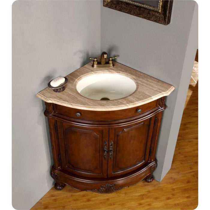 Elegant corner bathroom vanity with curved wooden cabinet, marble countertop, white sink, and brass faucet.