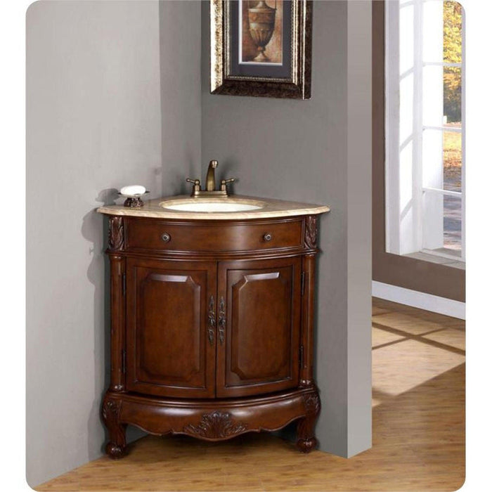 Elegant corner bathroom vanity with curved wooden cabinet, marble top sink, and ornate bronze hardware.