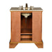 Wooden bathroom vanity with marble top, white sink, and bronze faucet fixtures, featuring open cabinet storage beneath.