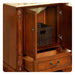 Wooden cabinet with ornate column, open doors revealing woven basket storage and decorative carved drawer
