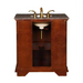 Traditional wood bathroom vanity with marble top and gold-toned faucet, featuring open cabinet storage and white ceramic sink.