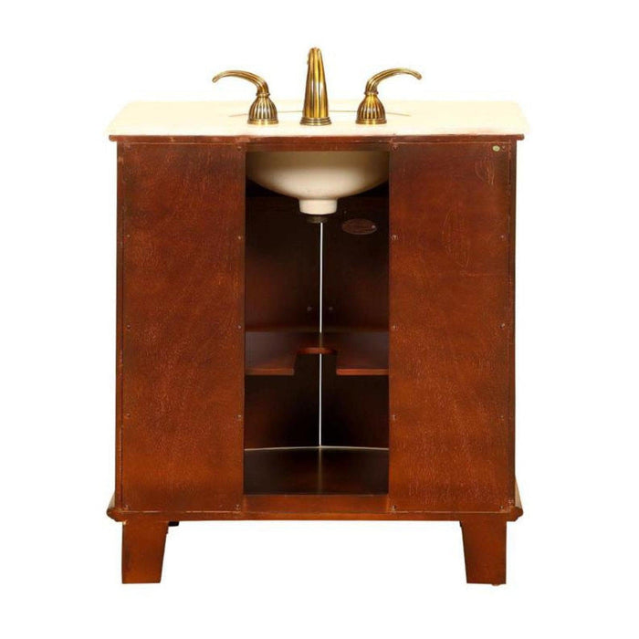 Silkroad Exclusive 33" Single Sink Cherry Bathroom Vanity With Crema Marfil Marble Countertop and Ivory Ceramic Undermount Sink
