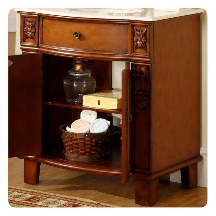 Silkroad Exclusive 33" Single Sink Cherry Bathroom Vanity With Crema Marfil Marble Countertop and Ivory Ceramic Undermount Sink