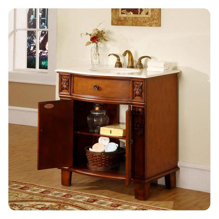 Silkroad Exclusive 33" Single Sink Cherry Bathroom Vanity With Crema Marfil Marble Countertop and Ivory Ceramic Undermount Sink