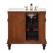 Wooden bathroom vanity with white marble top, brushed nickel faucet, and open storage shelves on ornate carved legs.