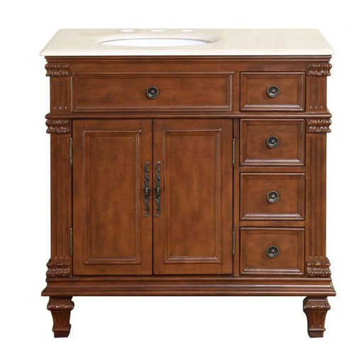 Traditional wood bathroom vanity with ornate details, two cabinet doors, four drawers, and a cream-colored stone countertop with an oval sink.