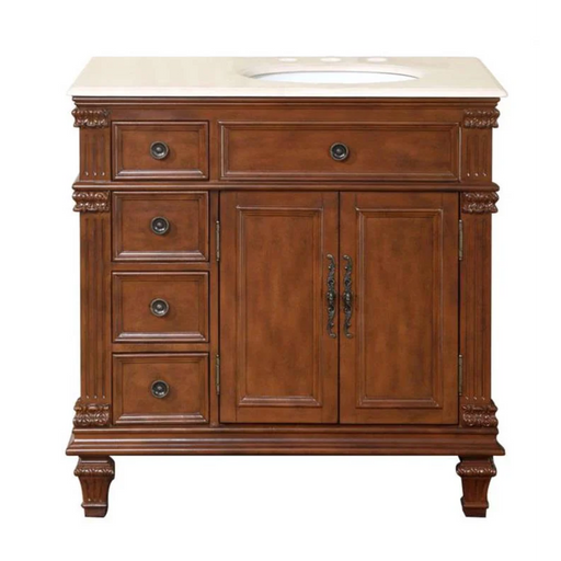 Rich wood bathroom vanity with ornate details, four drawers, double doors, and white marble top with oval sink