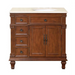 Rich wood bathroom vanity with ornate details, four drawers, double doors, and white marble top with oval sink