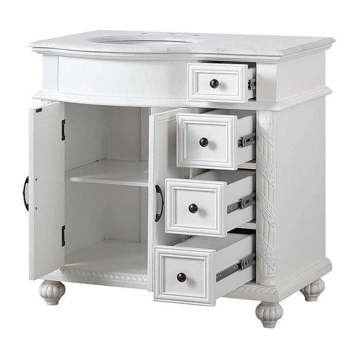 White bathroom vanity with four open drawers, one cabinet door, and decorative turned legs