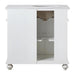 White bathroom vanity with marble top, decorative bun feet, and open center shelving section
