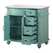 Vintage-style teal storage cabinet with four open drawers and a side cabinet, featuring ornate bun feet and decorative molding.
