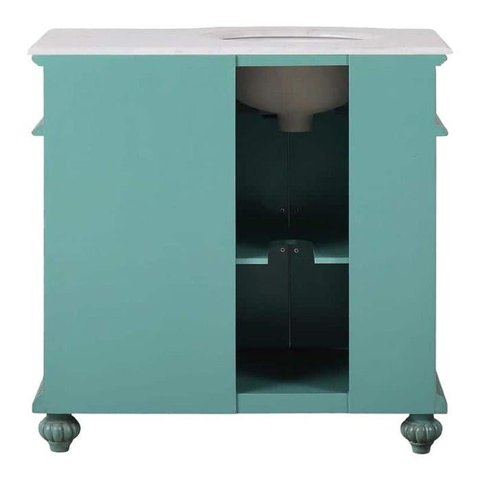 Teal storage cabinet with white top, two-door design and decorative turned feet, featuring interior shelving.